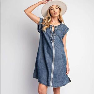 Easel Washed Denim Blue Jean Dress New